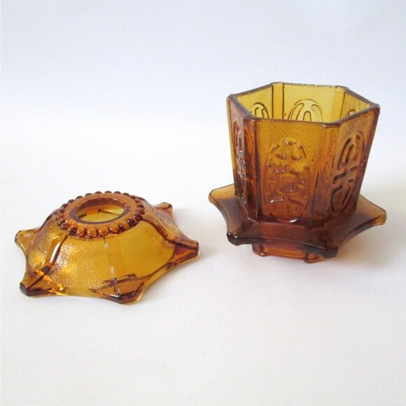 Vintage Amber Glass Fairy Light Chinese Pagoda Candle Holder Possibly LE Smith - Picture 3 of 11